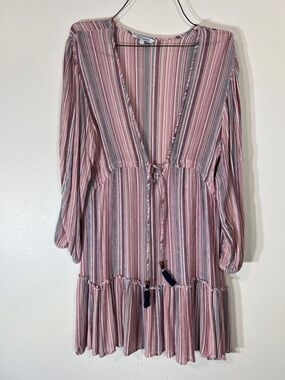 blue island Pink Striped V-Neck silver sparkles Long Sleeve Tiered beach coverup
